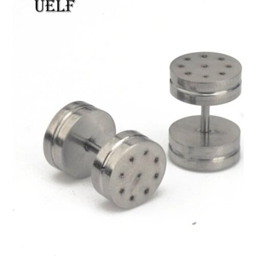 Uelf Pair Round Circle Titanium Stud Earrings Punk Barbell Dumbbell Double Sided Piercing Earrings for woman men free ship