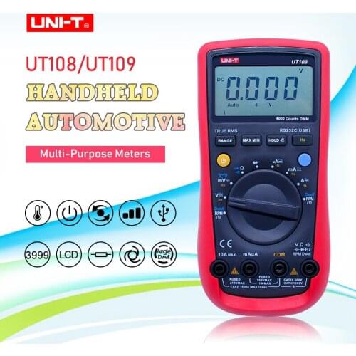 UNI-T UT109 Handheld Automotive Multipurpose Meters Auto Range Automotive Multimeter USB PC Connect Dwell Tach LCD Backlight