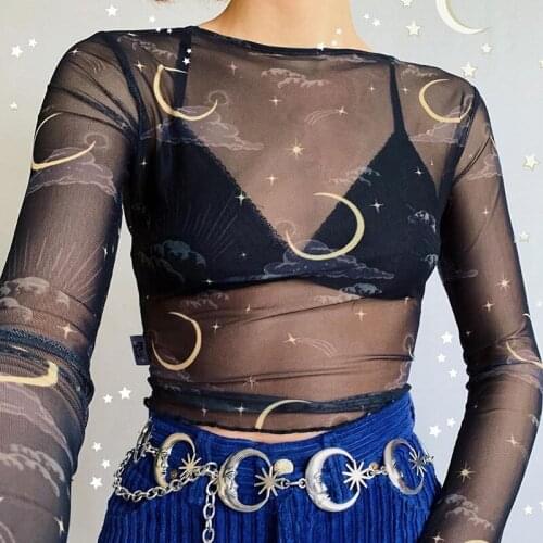 Women Sheer Mesh T-shirt Sexy See Through Transparent Long Sleeve O-Neck Slim Blouse Sun Moon Print Tee Top Clubwear Streetwear