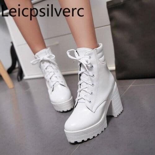 Womens Boots winter The New fashion Solid Round head Lace-up Thick heel High heel Middle tube Womens shoes plus size 33-43
