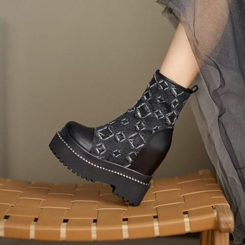 Womens Denim Jeans Ripped Ankle Boots Wedge Super High Heel Shoes Punk Black Motorcycle New 2022