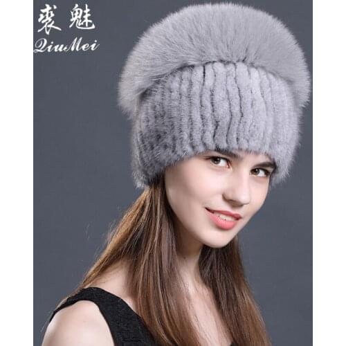 Women Warm Genuine Fur Hats Natural Mink Fur Fox PomPom Top Mushroom Shape Caps Knit 2018 Winter New Female Casual Women Beanies