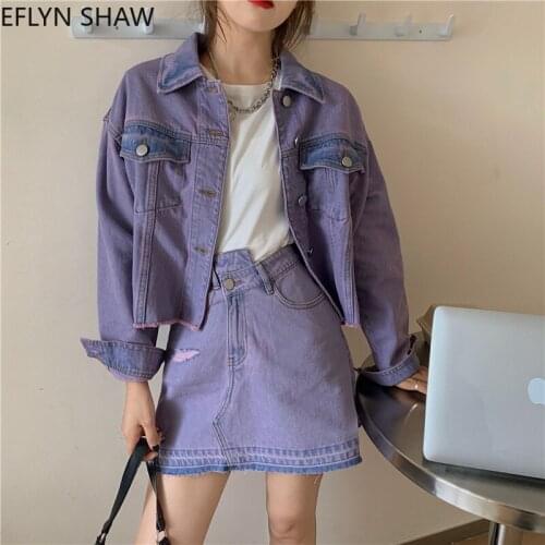 Street Style Women Denim Skirt Suits Fashion Purple BM Chic 2 Piece Sets Retro Jeans Jacket High Waist Skirt Sets Cool Clothes