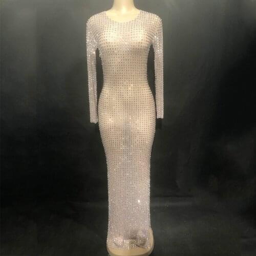 Women Sexy Bling Long Rhinestone Dress High Grade Net Yarn Full Glass Sparkling Crystal Nightclub Party Dancer Singer Stage Wear