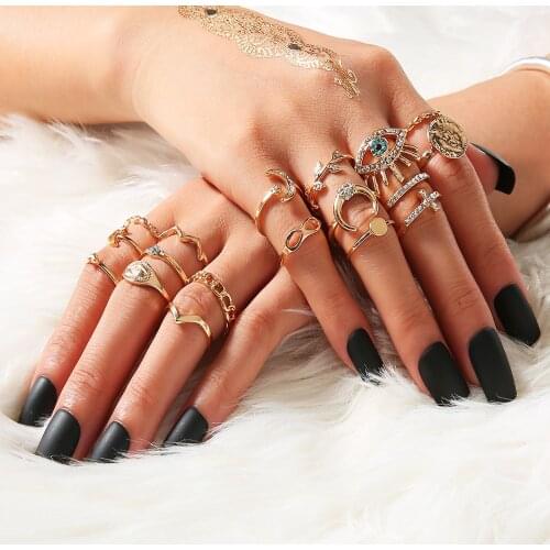 18 Pcs/set Bohemian Vintage Gold Evil Eye Moon Star Joint Ring Set for Women Crystal Leaf Crown Design Ring Party Jewelry Gift