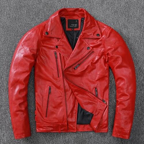 2022 Brand Motorcycle Sheepskin Jacket Large Size Vintage Genuine Leather Red Jacket Traveling Spring and Autumn Coat