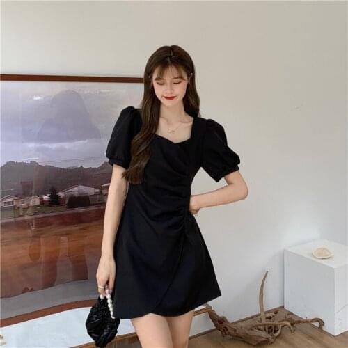 Black Elegant Dress Women Casual Designer A-LINE Puff Sleeve Dresses 2021 Summer Korean One-piece Office Lady Party Chic OY85