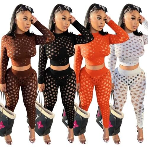Fashion Hollow Out Solid Tracksuit Women Sexy See Through O Neck Long Sleeve Crop Top Leggings Bodycon Two Piece Set Club Outfit