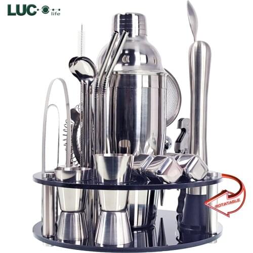 Bartender Kit 24-Piece Boston Cocktail Shaker Set Whirl Hexagon Bracket Suit for Mixed Drinks Martini Bar Tools Stainless Steel