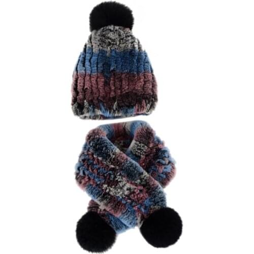 2019 Newest girls Fashion Real Knitted Rex Rabbit Fur Hats Children Winter Warm Charm Beanies Caps Headgear baby scarf hat set
