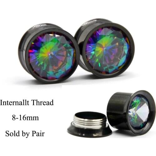PAIR Colorful Aurora Zircon Double Flared Ear Plugs Internally Thread Ear Plugs Tunnels Expander Stretcher Body Piercing Jewelry