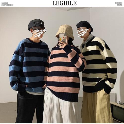 Striped Men Sweaters 2021 Autumn Korean Style Mens Pullovers Harajuku Streetwear Male Clothing Couple Sweater