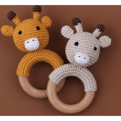 1PC Baby Teether Cartton Animal Crochet Wooden Teething Rings Rattle DIY Crafts Teething Rattle Toy