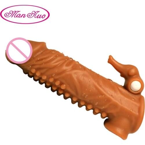 Realistic Penis Enlargement Cock Sleeve Reusable Liquid Silicone Vibration Delay Enlarger Condoms for Men Dick Enhancer Sex Toys