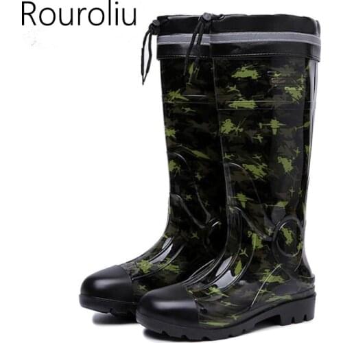 Rouroliu Men Winter Warm Knee-high PVC Rain Boots Non-slip Camouflage Rainboots Waterproof Male Water Shoes Safety TS107