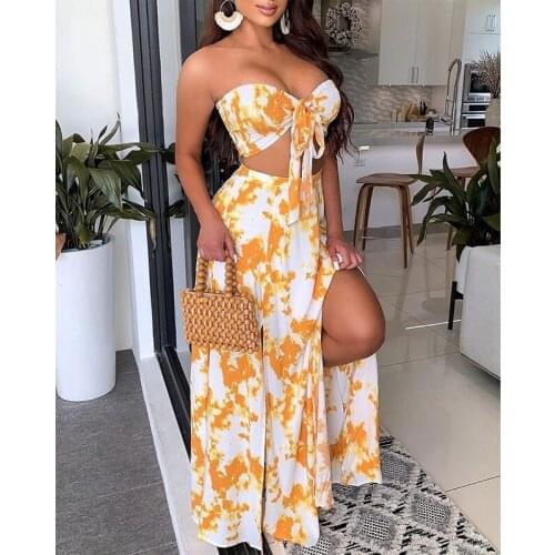 Sexy Women 2021 Two Piece Dresses Set Strapless Tie Short Tops + Split Long Dresses Summer Casual Female Lady Clothing Outfits