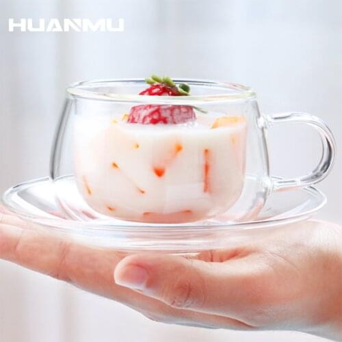 Double Wall Glass Cup Coffee Cup Set With Dish Spoon Heat Resistant Tea Milk Mug With Handle Portable Transparent Espresso 150ml