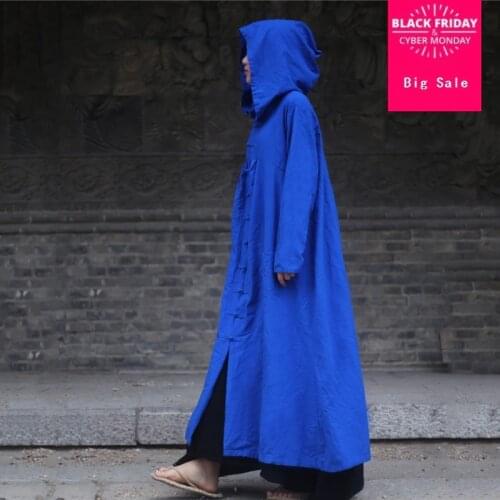 2018 fashion brand hooded bulker buttons retro Witch robe female singel breasted linen Literary style cardigan wj2793 dropship