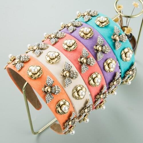 French Vintage Baroque Imitation Pearl Bee Headband Elegant Metal Flower Color Fabric Hairband Girls Party Hair Accessories