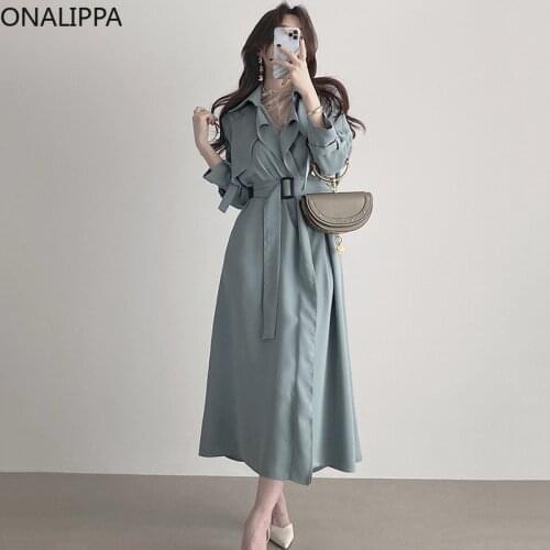 ONALIPPA Women Dress 2021 Autumn French Elegant Temperament Lapel Design Buckle Lace-Up Waist Long-Sleeved Windbreaker Vestidos