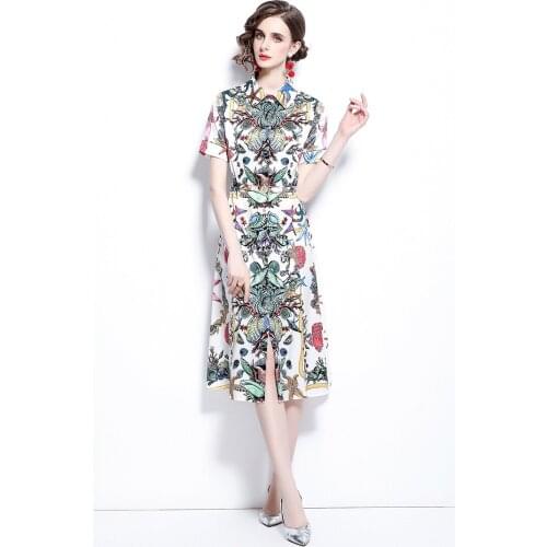 2021 New Women Summer Dresses O-Neck Mid-Calf Printing A-LINE Elegant Dresses Office Lady Party Night Vintage Women Dresses