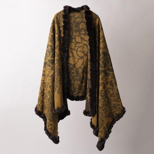 100%lambswool jacquard worsted women luxury scarves shawl pashmina poncho blanket spliced rex rabbit fur sides 70x190cm