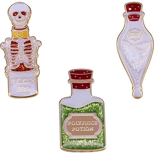 3 PCS Magic Potion Bottles Pin Polyjuice Skele-Gro and Felix Felicis Badge Wizard Fans Shiny Collection