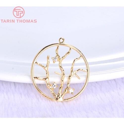 4PCS 25x23mm 24K Champagne Gold Color Plated Brass with Zircon Round Tree Charms Pendants High Quality Jewelry Accessories