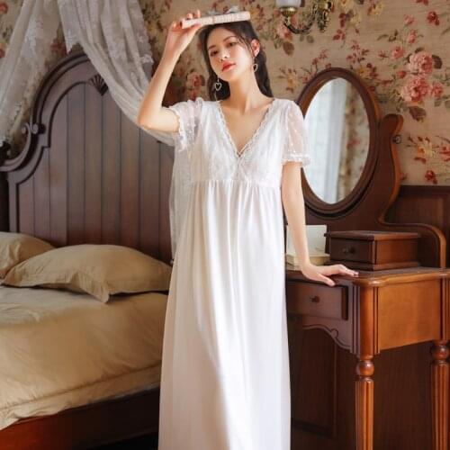 Wasteheart White Women Homewear Lounge Sexy Sleepwear Night Dress Long Lace V Neck Nightwear Nightgown Sleepwear Court Gown
