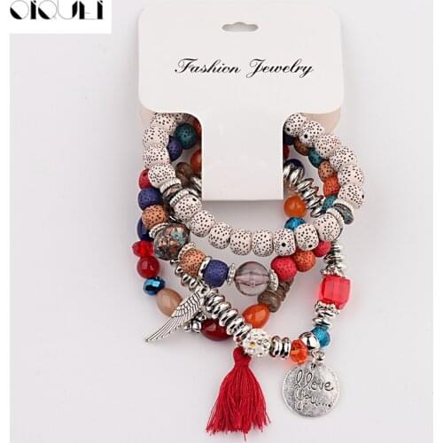 Bohemia Bracelets Set For Women Fashion Jewelry Charm Sliver Color Angel Wings Pendants Design Bracelet For Girls Drop Shipping