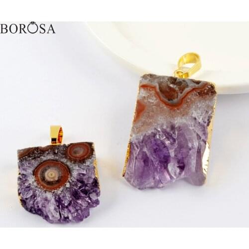 BOROSA 5Pcs Natural Amethysts Slice Pendants for Necklace Women Freeform Raw Purple Crystal Quartz Charms Jewelry Trendy G1953