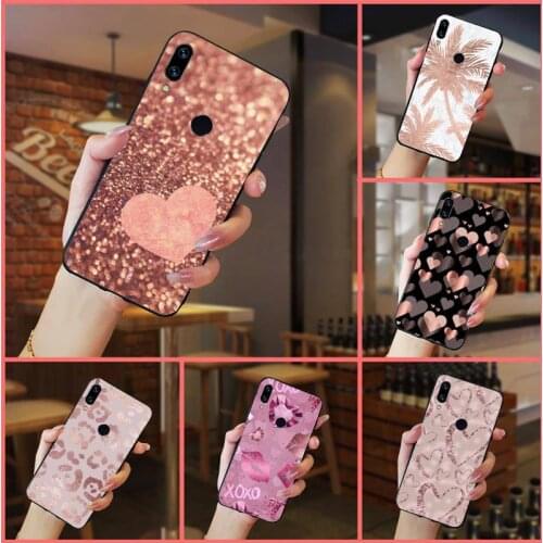 Pink Gold Rose Love heart glitter pattern high quality Phone Case shell For Xiaomi Redmi note 7 8 9 t k30 max3 9 s 10 pro lite
