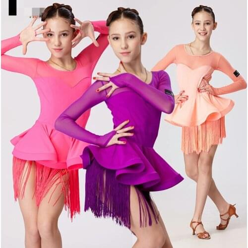 Purple tassel kids Latin dance dress for girls modern dance costumes for kids latin dress girls Clothes for dancing rumba samba