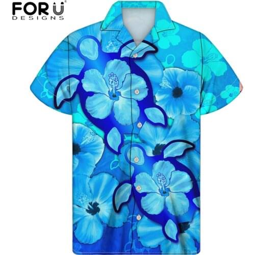 FORUDESIGNS Blue Tops Sea Turtles With Hibiscus Design Hawaiian Style Blouse Top Tees Mens Summer Beach Breath Streetwears