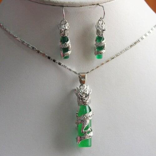 Womens Wedding wholesale/retail jewelry green gem cylinder+ pendant & earring set with chain jewelry real noble ladys