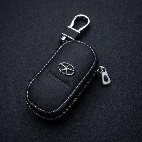 Leather Car Key Case With Car Logo For Chrysler 200 300 Dodge Journey Charger Jeep Renegade Grand Cherokee Key Cover Keychain