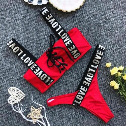 Red Letter Bikini Set Women Swimsuit Sexy Bandage Halter Love Swimwear Bandeau Bikinis Sexy Summer Beachwear printed Biquini