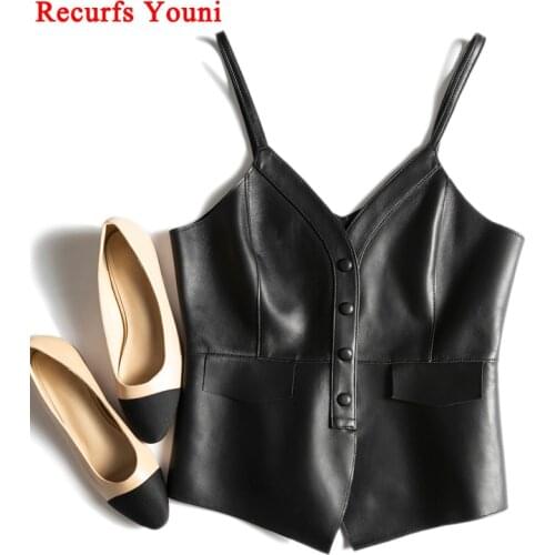 Genuine Leather Clothing Women Fashionable Simple Sexy Vest Mujer V-neck Slim Suspenders Short Black Camisole Female Chic Gilet