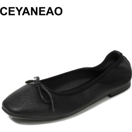 CEYANEAOBowknot slip flat shoes women moccasins shallow fairy tender all match soft non-slip roll-up flats square toe zapatos mu
