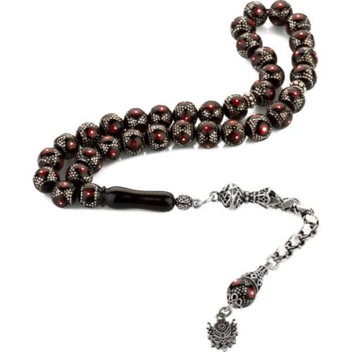 Natural Jet Stone Prayer Bead With Silver Tassel Men Coral Embroidered Rosary Islamic Tasbih With Ottoman Coat of Arms Tassel