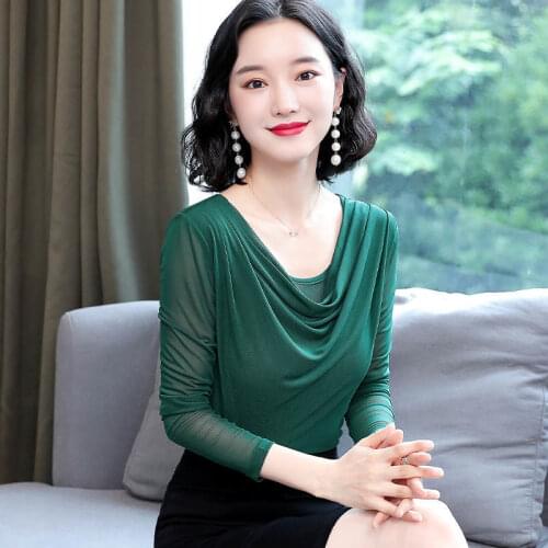 2021 Spring Autumn New Women T Shirts Fashion Round-neck Net Yarn T-shirt Solid Color Long Sleeve Women Slim Thin Tops Y231