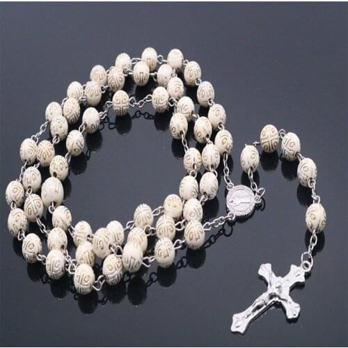 Holy Land Jerusalem Christ St. Benedicts Cross Necklace. Faith Rosary Long Chain 8mm