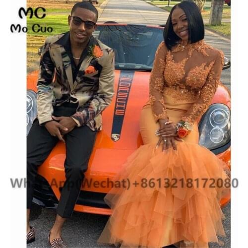 Puffy Mermaid Long Sleeves Prom Evening Dresses 2021 Beaded HIgh Neck Tulle See Though Womens Evening Party Gown