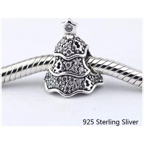 QANDOCCI Fits Pandora Bracelets 100% 925 Sterling Silver Jewelry Twinkling Christmas Tree Original DIY Charms