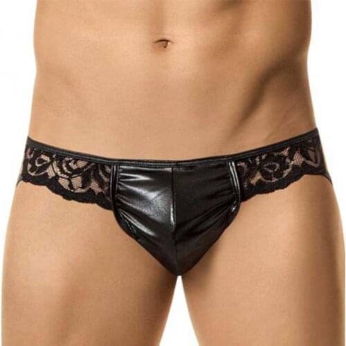 Sexy Erotic Male Lingerie Underwear Leather Lace G-Strings Gay Men Wet Look Amazing Thongs Vinyl Shiny Panties Crotchless
