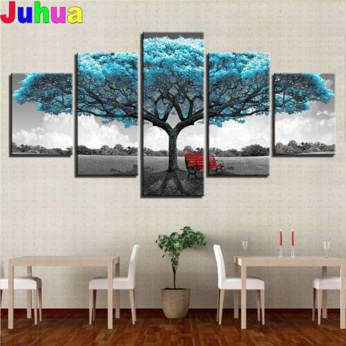 Blue Big Tree Red Chair Paintings Diamond embroidery Crystal Full Round diamond painting 5 piece 3d picture Landscape New Decor