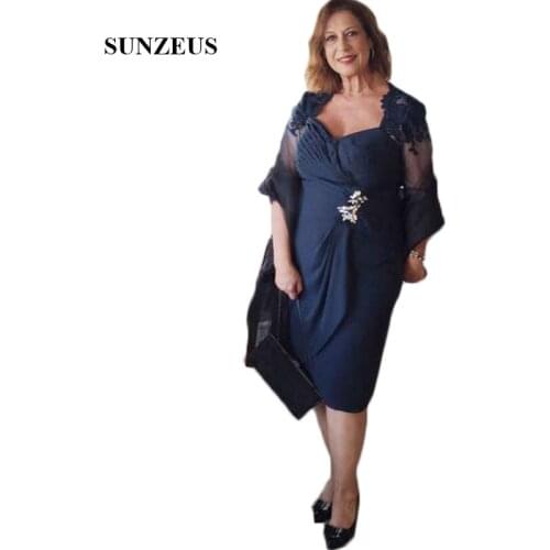 Navy Blue Chiffon Sheath Mother of the Bride Dresses Sweetheart Half Sleeve Elegant Groom Mother Dresses with Jacket SMD56