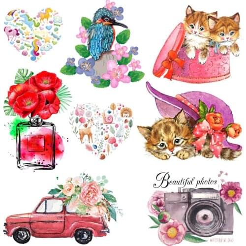 Cartoon Animal Heat Thermal Transfers For T-shirt Clothes Heart Flowers Applique Iron-on Transfers For Clothing Sticker Washable