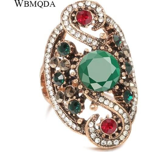 Wbmqda Luxury Boho Big Stone Ring Women Vintage Antique Gold Crystal Finger Rings Ethnic Bride Wedding Party Jewelry Accessories