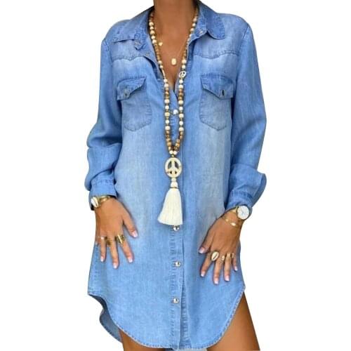 Women Turn-down Collar Long Sleeve Lapel Buttons Dress Fashion Denim Dress Shopping Daily Wear Loose Midi Dresses Ladies Vestido